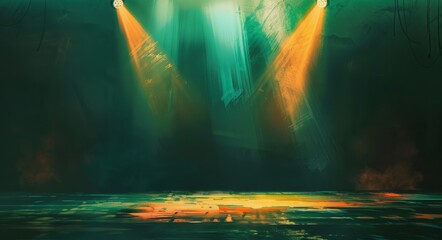 The background is a dark green, with three spotlights shining on the stage in an orange and yellow color scheme