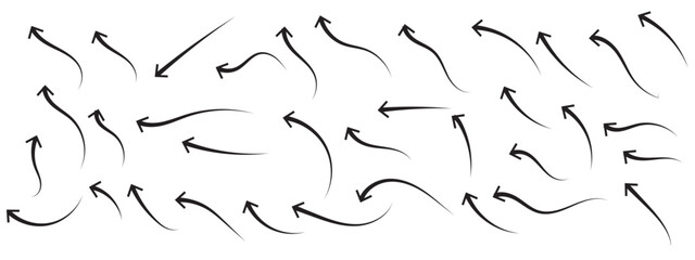 Set of vector curved arrows hand drawn. Sketch doodle style. Collection of pointers.