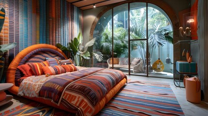 Vibrant bohemian style bedroom with patterned decor and indoor plants against a backdrop of large windows overlooking a lush garden.