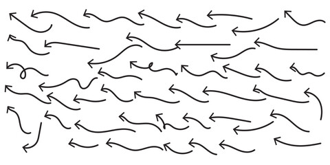 Set of black hand drawn arrow element vector. Collection of doodle arrows, lines, symbol, pointing mark, shapes on white background. Simple icon illustration for education, decoration, map