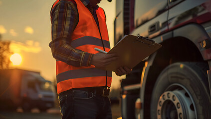 A truck driver in high visibility vest writing on the clipboard while standing next to his lorry, outdoors at sunset
