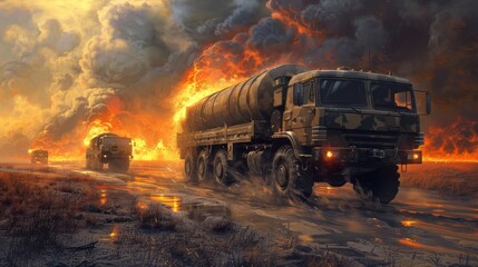 Realistic photo of military supply transport vehicles ablaze in flames, dramatic scene