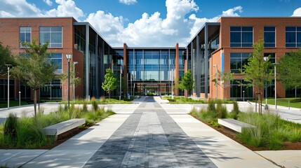 A college campus with modern architecture