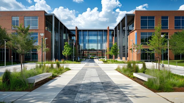A college campus with modern architecture