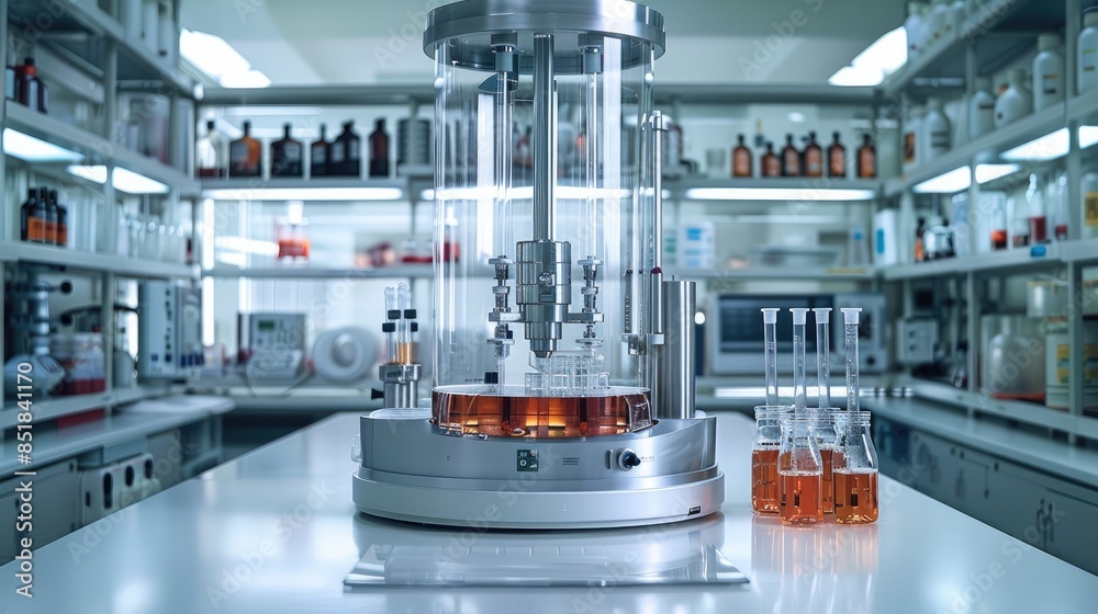 Poster A modern laboratory setup showcasing the process of supercritical fluid extraction. include a sleek. Generative AI.