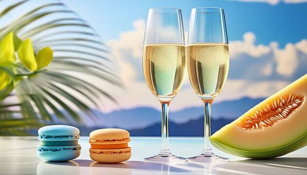 two glasses of aromatic golden vintage white wine, ripe tasty malon with seeds and sweet two blu and yellow macaroons on background of landscape, tree and blue sky