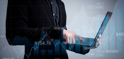 businessman trading in stock market exchange on virtual screen in office workplace signing...