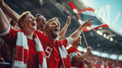 Denmark football supporter fans cheering with confetti watching soccer match event at stadium - Young people group with red t-shirts having excited fun on sport european championship concept