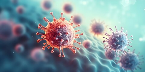 Fototapeta premium Close-up view of rhinovirus particles infecting respiratory tissues within the body. Concept Virus Transmission, Respiratory Health, Microscopic Virology, Infectious Diseases, Immunology