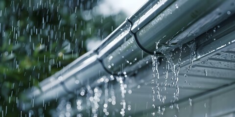 Rain Spout on House Directing Water from the Roof A Close-up View. Concept Rain Spout, House, Water, Roof, Close-up View