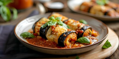 Classic Italian Dish Eggplant Rolls in Marinara Sauce. Concept Italian Cuisine, Eggplant Recipes, Marinara Sauce, Vegetarian Dishes, Gourmet Cooking