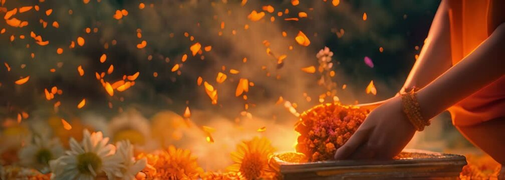Flowers and flames during the Aarti ceremony in Varanasi