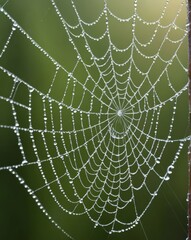 A macro shot of a spider web covered in morning dew, with droplets glistening in the sunlight.