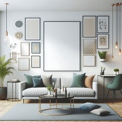 A living room style interior set design with a mockup poster empty white and with a couch and a coffee table Vibrant informative optimized engaging.