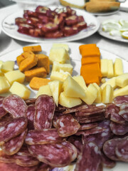 Simple feed featuring a plate adorned with several types of cheese and cured sausage cut into small pieces, offering variety of flavors. Close-up.