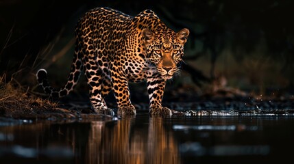 A captivating close-up of a jaguar prowling by the water's edge, with a reflection and dark, moody background