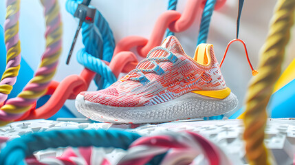 Up-close Sneaker Detail with Vibrant Stitching Amidst Sports Equipment on White Background with Rubber Surface - Product Photography Shot