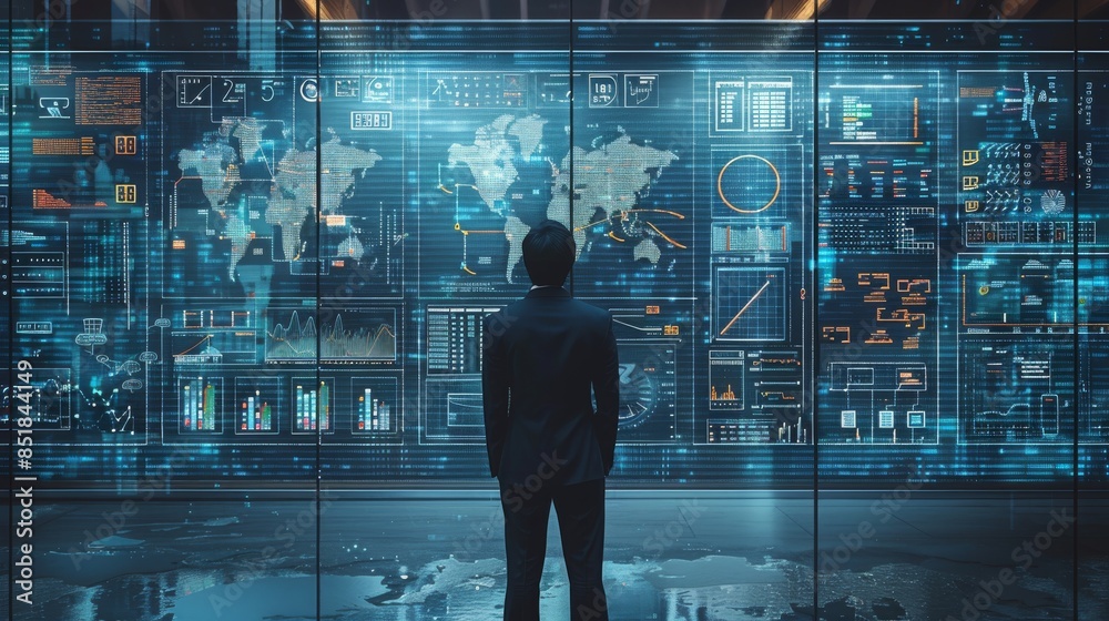 Leinwandbilder a man in a suit stands in front of a large wall filled with a complex, detailed flowchart and diagra
