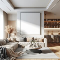 A living room style interior set design with a mockup poster empty white and with a large couch and a large table Vibrant informative.