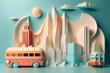 Obraz premium Creative 3d paper art design of an urban cityscape with buses, buildings, and mountains on blue