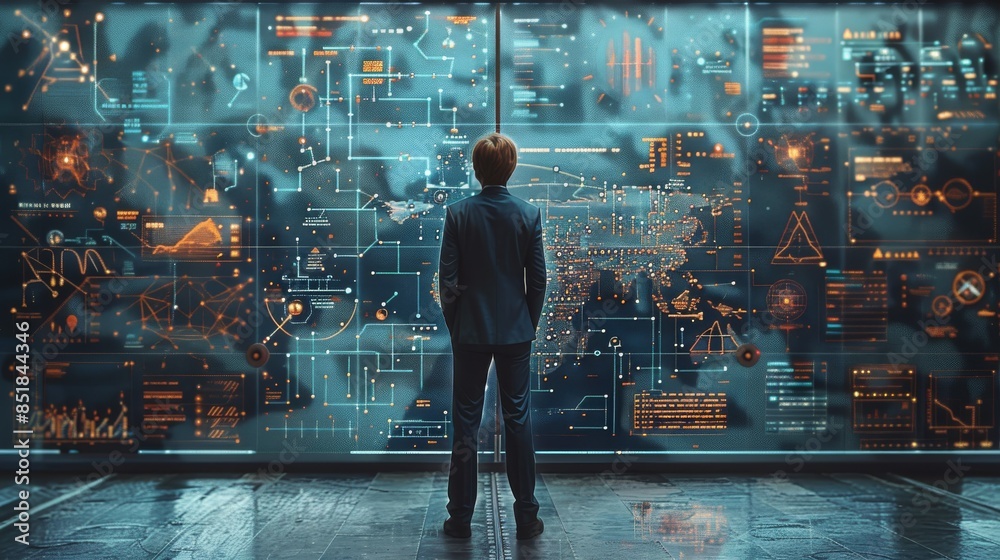 Leinwandbilder a man in a suit stands in front of a large wall filled with a complex, detailed flowchart and diagra