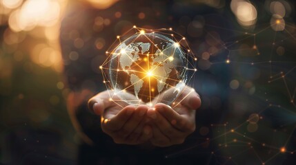 Hands Holding Glowing World Network Representing Global Connectivity and Innovation