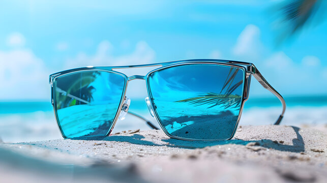 High-Definition Designer Sunglasses Beauty Shot with Mirrored Lenses and Angular Shape on Sunny Beach Background