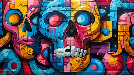 Fototapeta premium Colorful graffiti art depicting a skull with vibrant colors and abstract patterns.