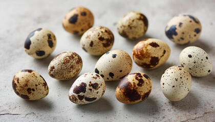 Fresh quail eggs on stone table. Organic and tasty product. Delicious food. Culinary concept.
