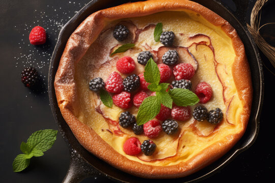Freshly baked dutch baby pancake with berries