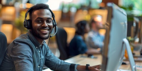 Fototapeta premium Happy young African American contact center telemarketing agent using headset and computer in workplace. Confident, friendly male customer service and sales helpdesk consultant