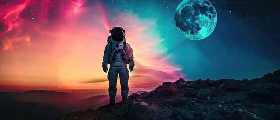 Obraz premium Astronaut standing on a rocky terrain with a stunning cosmic background, featuring a vibrant sunset and a glowing moon.