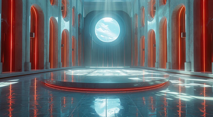 Cistern, Circular Stage, Futuristic Techno, Subtle Colors, Cubic Futurism. Generative AI.