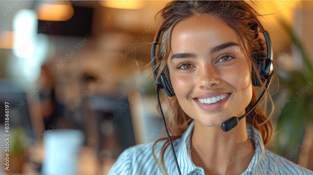 Aufkleber a smiling customer service representative. customer service representative smiling phone help office