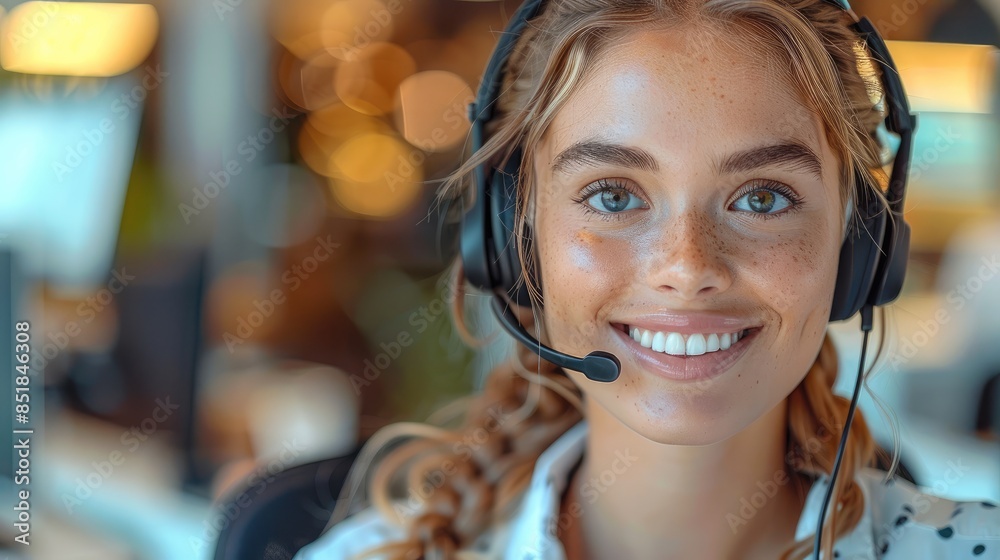 Aufkleber a smiling customer service representative. customer service representative smiling phone help office