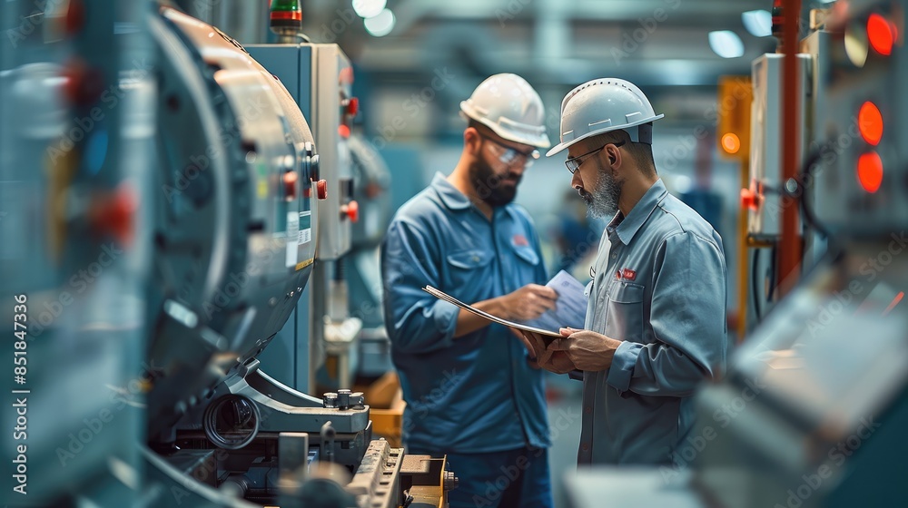 Aufkleber Two engineers with clipboards holding document papers, discussing a work plan on a CNC machine at a factory. In the background is an electrical panel, industrial machinery concept. Generative AI.