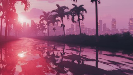 Looped animation of a flight along wet asphalt in retro style at sunset