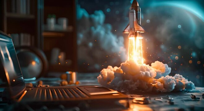 Space rocket shuttle blasting off from a laptop on an office desk, symbolizing a creative startup idea.
