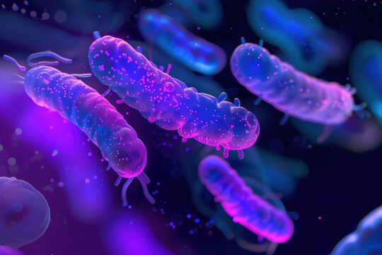 bacteria cells with flagella, floating in a colorful environment