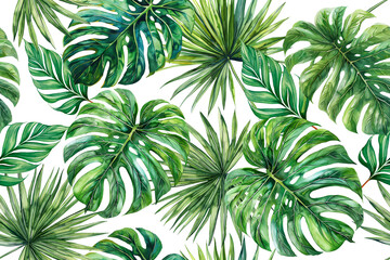 watercolor drawing, seamless pattern of palm leaves and monstera leaves. realistic drawing, print