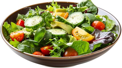 salad bowl with tomatoes, lettuce, and cucumber on transparent background