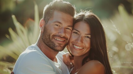 Fototapeta premium Black couple, hug and smile in nature, outdoors, and bush with love, romance, or vacation. Happy couple embrace in Atlanta woodland or trees for happiness.