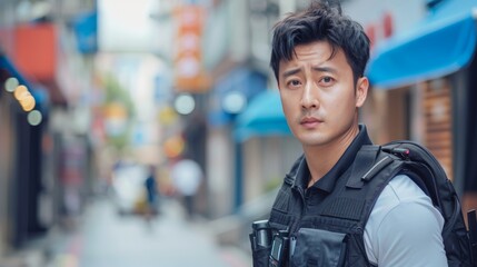 Fototapeta premium City policeman portrait for law enforcement, security, and street safety. Face of police, walkie talkie, or serious Asian security guard patrolling metropolitan town for crime or justice.