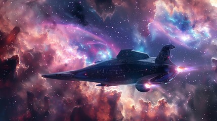 Craft a captivating image of a sleek spaceship gliding through a vibrant, swirling nebula, with intricate details in CG 3D