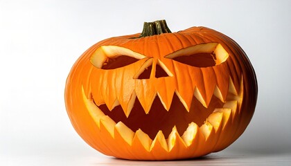 Fototapeta premium orange pumpkin Jack O lantern with green stem decorative gourd isolated on white studio background Halloween or thanksgiving Holiday season decoration copy space