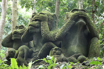 Three wise monkeys - stone statue in Monkey Forest