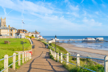 A view of Cromer in North Norfolk in the UK with the town and the Pier