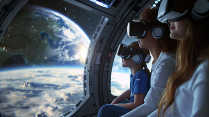 Family enjoys a virtual vacation, exploring a spaceship that can see the Earth through VR headsets. Concept of Metaverse, Virtual reality experience in 3D and focused on social and economic connection