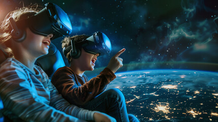 Family enjoys a virtual vacation, exploring a spaceship that can see the Earth through VR headsets. Concept of Metaverse, Virtual reality experience in 3D and focused on social and economic connection