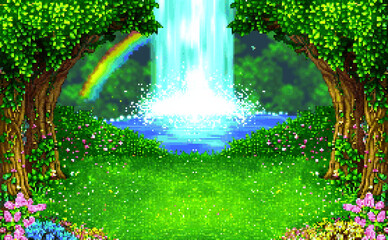 8-bit pixel art bright green grassy field with a rainbow and flowers